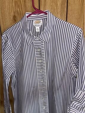 Talbots Petites Blue White Striped Wrinkle Resistant Button Down Shirt Size 14P